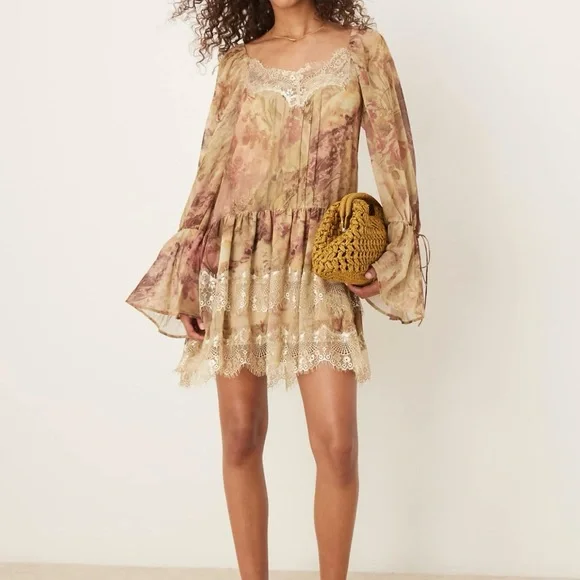 ASOS Multicolor Long Sleeve Dress with Lace Hem - Picture 1 of 14